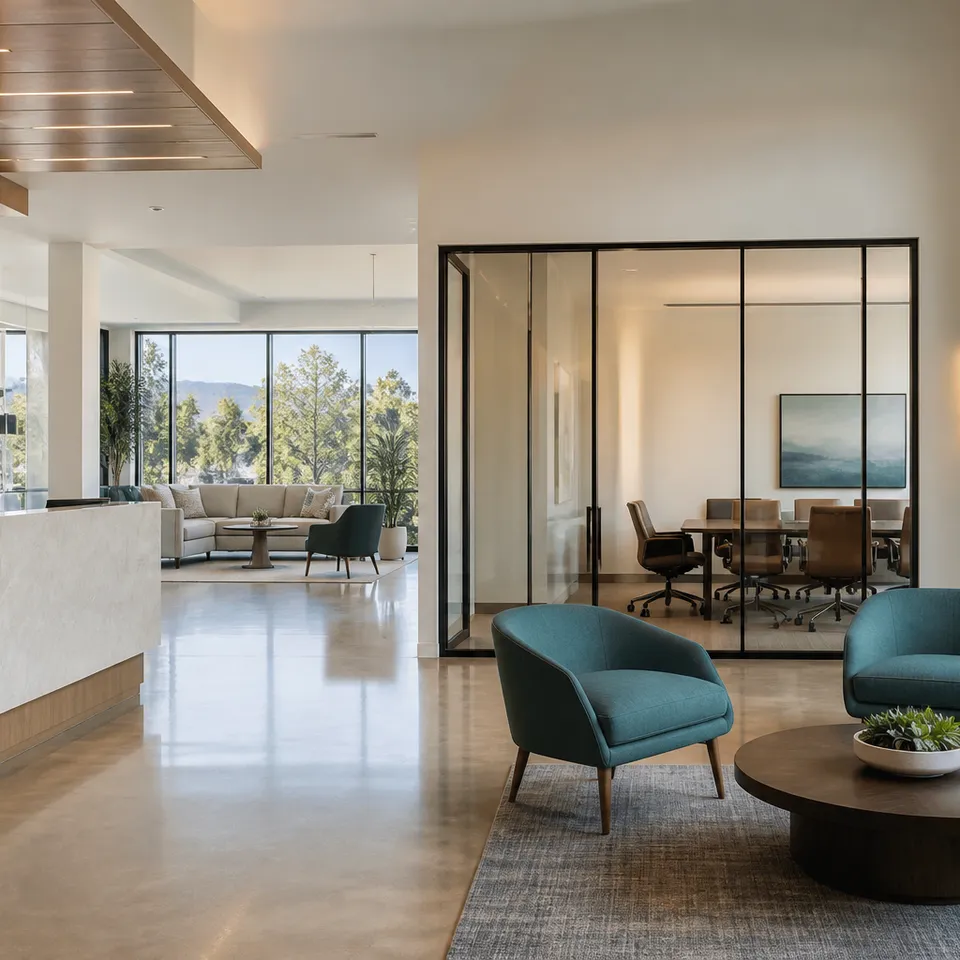 Bright modern Roseville office reception and collaboration interior